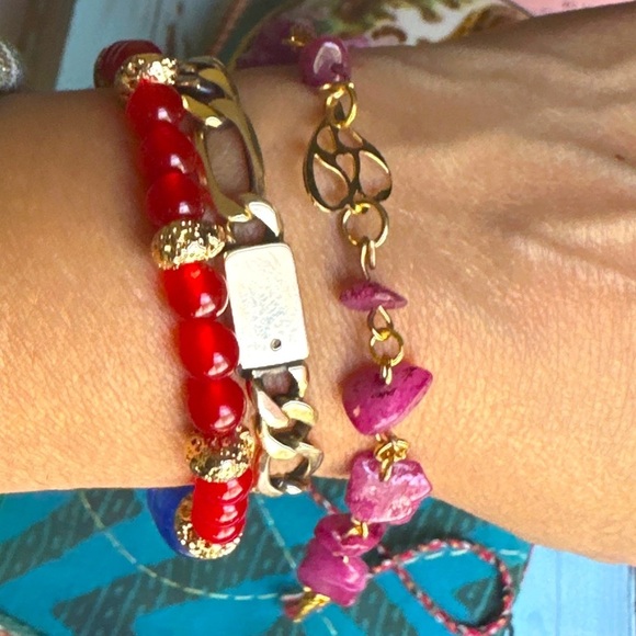 Untreated ruby gold heart rosary link adjustable bracelet/devotion /protection - Picture 2 of 6